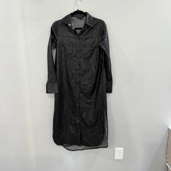 Ted Baker Dress Barrkir Midi Button Down Shirt Dress in Faux Leather Black - Picture 2 of 5